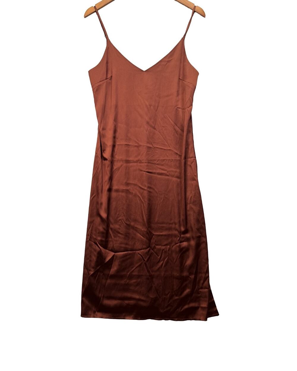 Women's The Drop Brown Ana Silky Satin Midi Slip Dress Size Small